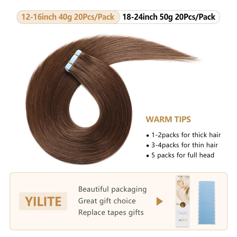 YILITE Tape in Human Hair Extensions 16 inches 20pcs 40g Silky Seamless Skin Weft Straight Remy Human Hair Tape in Extensions #4 Medium Brown - Image 4